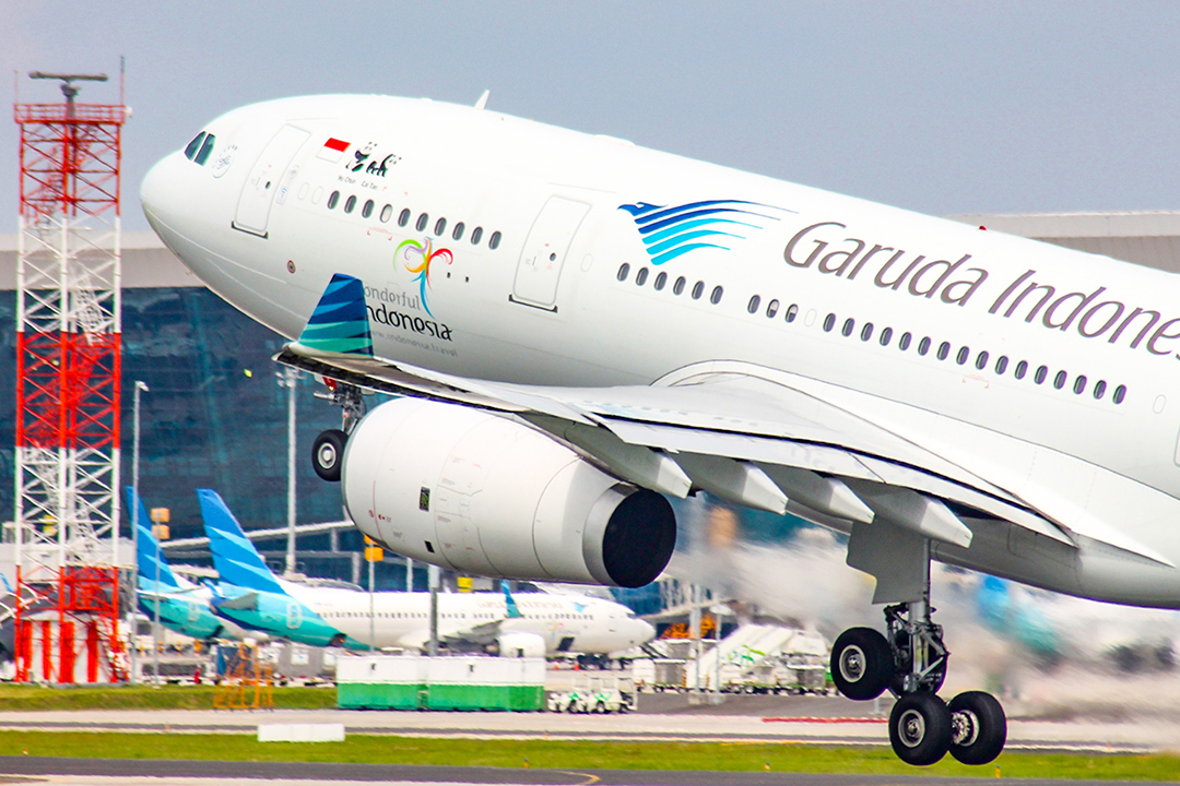 Jakarta,,Indonesia,-,April,12th,,2023:,Garuda,Indonesia,|,Airbus Civil airliner taking off